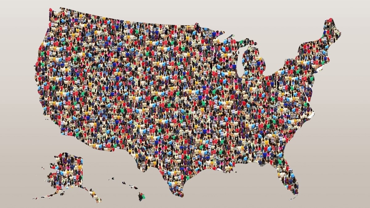 Shape of the United States formed by a crowd of different people