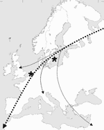 Thumbnail of Main fall migration route of wild waterfowl in northern Europe (31). The sample locations Öland (Sweden) and Lekkerkerk and Krimpen a/d Lek (the Netherlands) are marked with asterisks.