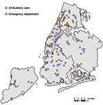 Thumbnail of Locations of ambulatory care facilities and emergency departments used in analysis of syndromic surveillance of pandemic (H1N1) 2009, New York, New York, USA, May 2009.