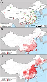 Thumbnail of Influenza empirical data and occurrence maps for influenza virus subtypes H3N2 and H5N1. A) Observed cases of subtypes H3N2 and H5N1 in People’s Republic of China, according to outbreaks reported to the Chinese Ministry of Agriculture. B) Spatial model of the probability of subtype H3N2 at the prefecture scale predicted by using logistic regression. C) Risk for subtype H5N1 according to the outbreak dataset. See Technical Appendix Figure 2, for the corresponding map for the surveill