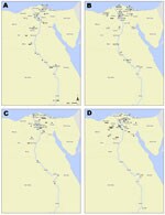 Thumbnail of Geographic distribution of humans with highly pathogenic avian influenza A(H5N1) virus infection yielding clade 2.2.1 isolates, Egypt, 2007–2011. Each case is shown within the governorate that reported the case; however, locations within governorate territories are arbitrary and do not represent exact coordinates. White circles indicate the 59 confirmed cases from this study with fully sequenced viral genomes; numbers are the corresponding World Health Organization case numbers. Bla