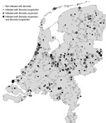 Thumbnail of Locations of ticks collected through the website http://www.tekenradar.nl in the Netherlands during summer 2012,. Ticks included in the study were submitted from all parts of the country; ticks positive for Borrelia miyamotoi and B. burgdorferi were found in almost every region.