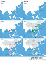 Thumbnail of Initial 2-year spread of human cases and poultry outbreaks of influenza A(H5N1) in China and Southeast Asia, December 2003–2005. Data on A(H5N1) in humans were obtained from the World Health Organization (http://www.who.int/influenza/human_animal_interface/en/). Data on outbreaks of A(H5N1) in poultry were obtained from the World Organisation for Animal Health (outbreaks before 2005 from http://www.oie.int/en/animal-health-in-the-world/the-world-animal-health-information-system/data