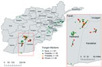 Thumbnail of Geographic distribution of 71 case-patients with invasive fungal wound infections and 101 matched control-patients. Afghanistan, 2009–2011. Inset shows a detailed view of southern Afghanistan region where most cases originated. The IFI case-patients are classified according to established definitions (13). A proven IFI is confirmed by angioinvasive fungal elements on histopathologic examination. A probable IFI had fungal elements identified on histopathologic examination without ang