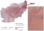 Thumbnail of Geographic distribution of military personnel with wounds contaminated by mold (n = 101) and control-patients (n = 66), Afghanistan, 2009–2011. Inset shows detail view of southern Afghanistan region where most cases originated. The mold contaminated group includes 7 patients for whom cultures did not show mold growth, but were diagnosed with invasive fungal wound infections (IFIs) on the basis of histopathologic examination. Five patients with injuries sustained outside the study re