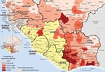 Thumbnail of Predicted risk of districts becoming affected by Ebola virus infection (neighboring countries included) in 2014, based on data available through epidemiological week 42 (October 18, 2014).