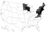 Thumbnail of Lyme disease cases (black dots) reported by surveillance, United States, 2005–2010. One dot is placed randomly within the county of residence for each confirmed case. States with the highest incidence of clinician-diagnosed Lyme disease in a large health insurance claims database (gray areas) are also shown. Transmission also occurs in small regions of northern California, Oregon, and Washington. Adapted from (4).
