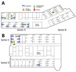 Thumbnail of Locations of Middle East respiratory syndrome case-patients in hospitals A and B, Daejeon, South Korea, 2015, showing where case-patients were exposed to presumed infectors. Not shown are case-patient 143, an engineer working in hospital A, because the location of his exposure is unclear; case-patient 45, a family caregiver in either the emergency department or room 1015; and case-patient 148, a nurse in the intensive care unit.