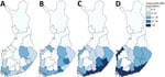 Thumbnail of Incidence rates of microbiologically confirmed Lyme borreliosis cases, by hospital district and period, Finland, 1995–2014. A) 1995–1999; B) 2000–2004; C) 2005–2009; D) 2010–2014. The Åland Islands are not shown; only the hospital districts on the mainland are shown.