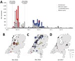 Thumbnail of Spatiotemporal pattern of wild bird deaths during an outbreak of HPAI A(H5H8) virus, the Netherlands, November 2016–January 2017. A) Outbreak chronology in tufted duck (red); Eurasian wigeon (blue); unidentified carcasses (light gray), probably also mostly tufted duck and Eurasian wigeon; and all other species combined (dark gray). Dashed vertical lines depict the first detections in wild birds and in poultry in the Netherlands. B–D) Spatial overview of the reported cumulative numbe