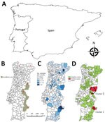 Thumbnail of Choropleth maps for spatial study of bovine tuberculosis (TB) in wildlife, Portugal. A) Iberian Peninsula. B) Official surveillance area for bovine TB in large game species. Red numbers indicate historical population refuges of wild ungulates: 1) Gerês, 2) Montesinho, 3) Malcata, 4) São Mamede, and 5) left bank of the Guadiana River. C) Distribution of serologic samples analyzed per county. D) Distribution of bovine TB–positive samples. Black circles indicate the 2 clusters identifi