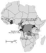 Thumbnail of Numbers of serum samples collected from Ghana, Cameroon, Republic of the Congo, DRC, and Uganda in study of serologic prevalence of Ebola virus in equatorial Africa. DRC, Democratic Republic of the Congo.