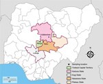 Thumbnail of Sampling site locations in study of genetic diversity of Plasmodium falciparum spp., North Central Nigeria, 2015–2018. The Jabi region was the sampling site in Abuja.