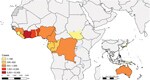 Thumbnail of Geographic distribution of Buruli ulcer cases officially reported to World Health Organization during 2010–2017. Concentrations in West Africa and Australia are clearly visible.