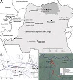 Thumbnail of Locations of human Ebola virus (EBOV) outbreaks in Central Africa and capture site of potential wildlife reservoirs in study of role of wildlife in emergence of Ebola virus, Democratic Republic of the Congo, 2017. A) Reported human EBOV outbreaks in central Africa. Diamonds indicate the approximate locations where each outbreak started. Outbreak year(s) are shown in brackets. Bas-Uele province is highlighted in dark gray. B) Overview of the area where the 2017 EBOV outbreak occurred