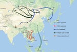 Proposed transboundary transmission of rabies viruses between China and neighboring countries determined by the Bayesian stochastic search variable selection approach. Unbroken lines: transmission events with a Bayes factor >3; broken line: transmission event with a Bayes factor <3. SEA, Southeast Asia.