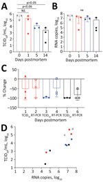 Postmortem stability of severe acute respiratory syndrome coronavirus 2 in mouse lung tissue. A) Infectious virus measured by TCID50 of VeroE6 cells. B) Viral RNA measured by copies of N gene detected by RT-PCR. C) Percentage change compared with day 0. D) Correlation between infectious virus and viral RNA. R2 = 0.51; F = 0.005 by analysis of variance. NS, not significant; RT-PCR, reverse transcription PCR; TCID50, 50% tissue culture infectious dose.