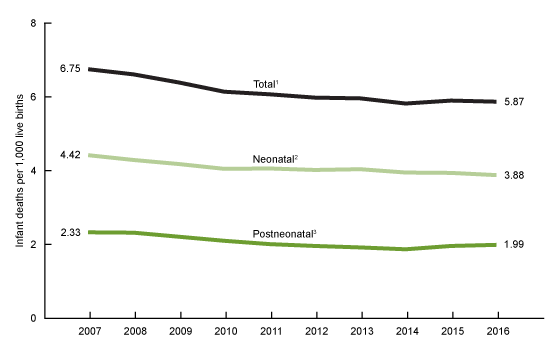 Figure 1 has three trend lines showing the total infant, neonatal, and postneonatal mortality rates from 2007 through 2016.