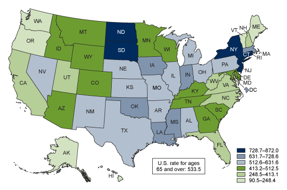 Figure 3 is a map showing age-adjusted death rates due to COVID-19 for age group 65 and over by state, the District of Columbia, and the nation for 2020.