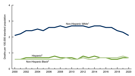 Figure 4 is a line chart showing age-adjusted poisoning suicide death rates for non-Hispanic White, non-Hispanic Black, and Hispanic people in the United States from 2000 through 2020. 