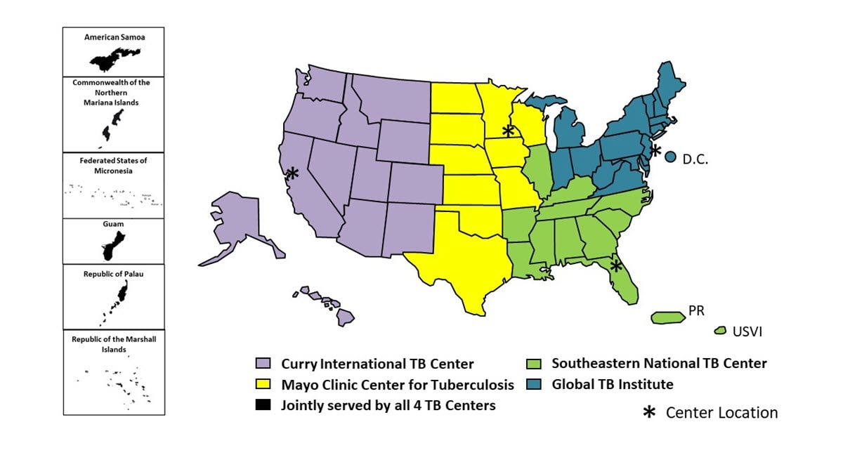 Map showing regional coverage areas for the TB Centers of Excellence