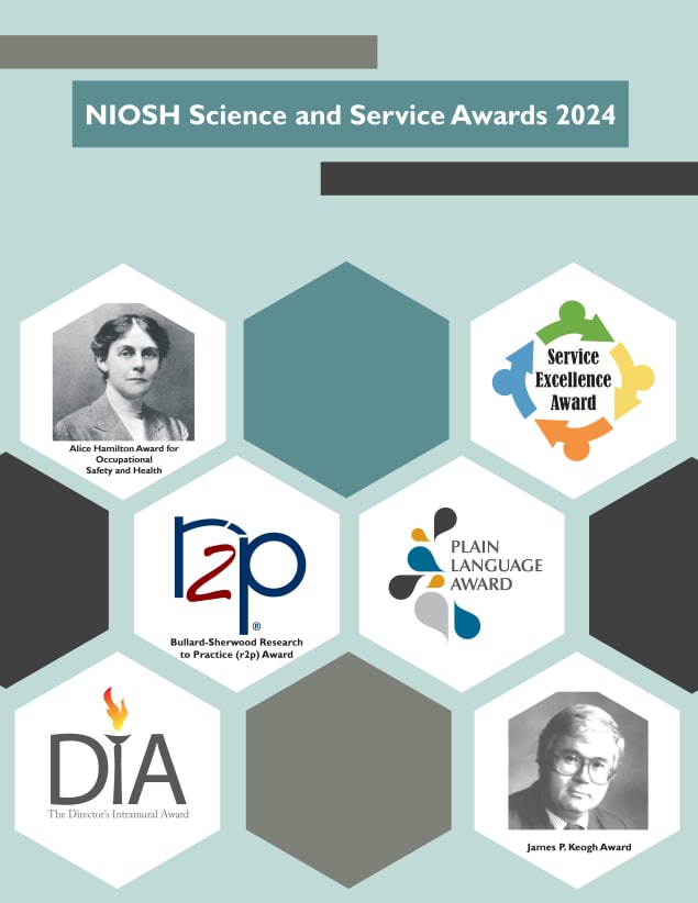 Cover of the 2024 NIOSH Science and Service Awards booklet showing the various award logos