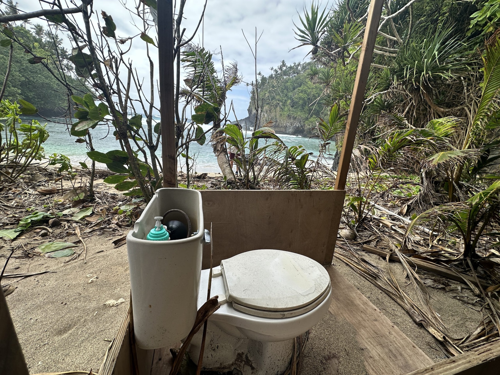 toilet outdoors with a beach in the background