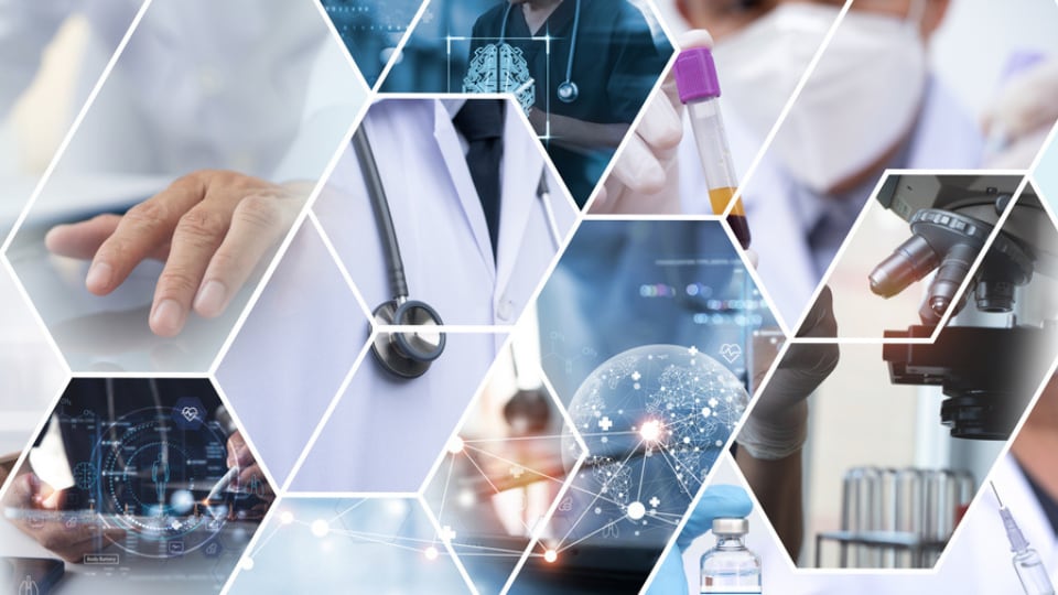 Collage of healthcare providers and data modernization images