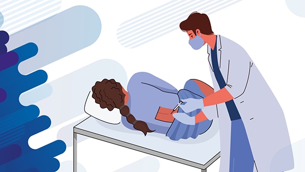 Illustration showing a doctor performing a spinal tap on a patient.