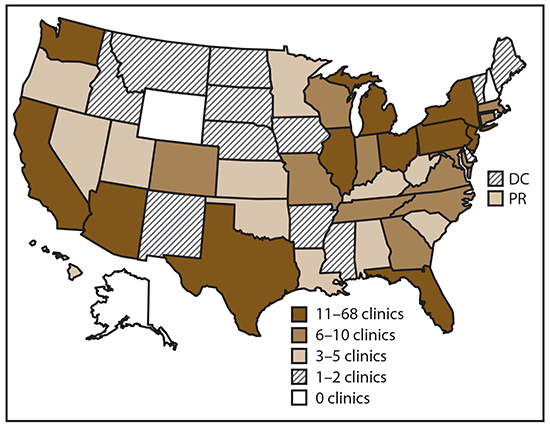 This figure is a map of United States showing the number and location of clinics providing assisted reproductive technology procedures. In 2017, 448 of 498 clinics (90.0%26#37;) in the United States, the District of Columbia, and Puerto Rico provided data to CDC.