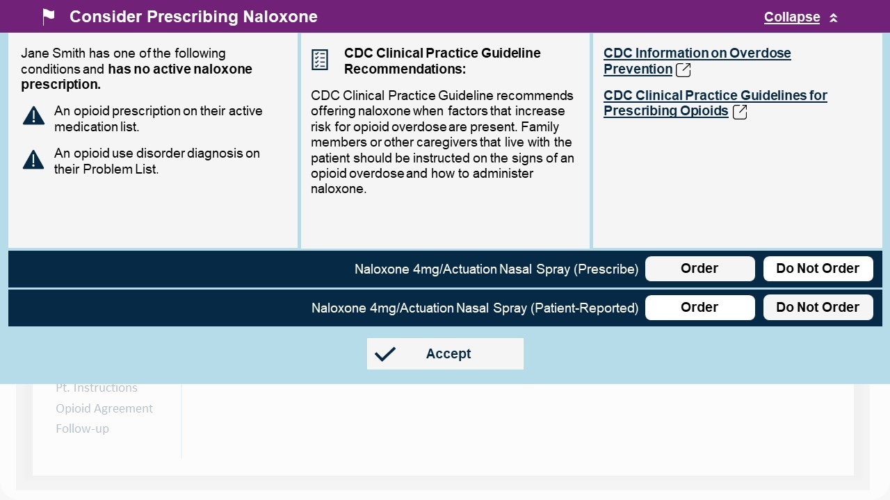 Sample of EHR Alert reminding a clinician to