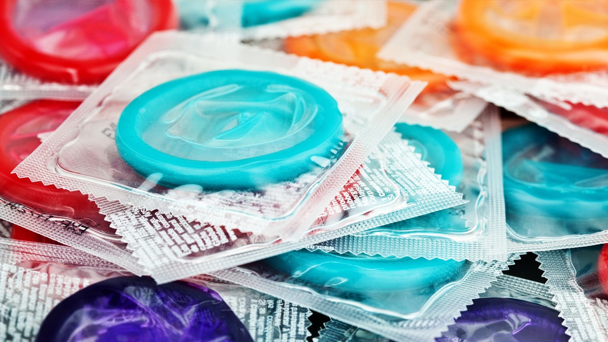 Image of external condoms of various colors.