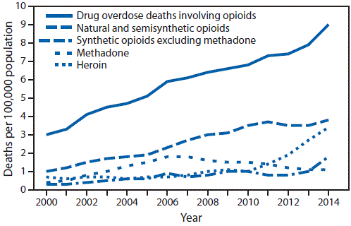 The figure is a line chart showing drug overdose deaths involving opioids, by type of opioid, in the United States during 2000-2014.