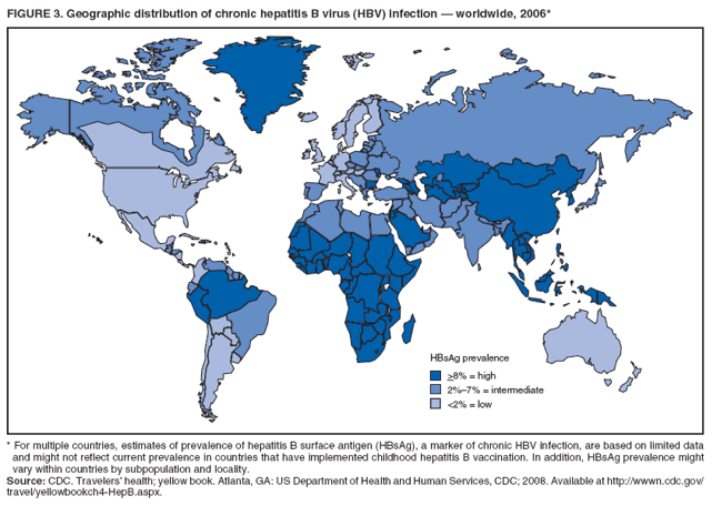 FIGURE 3. Geographic distribution of chronic hepatitis B virus (HBV) infection  worldwide, 2006*