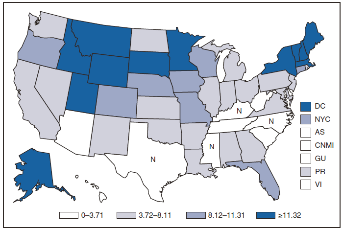 This figure is a map of the United States and U.S. territories that presents the incidence range per 100,000 population of giardiasis cases in each state and territory in 2009.