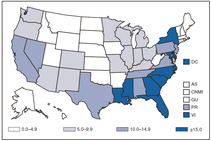 This figure is a map of the United States and U.S. territories that presents the rates per 100,000 population of diagnosed HIV cases in each state and territory in 2009.