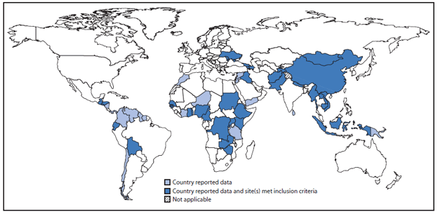 The figure shows World Health Organization's Global Rotavirus Surveillance Network reporting countries and countries with sentinel sites meeting inclusion criteria during 2011-2012. During this period, 169 sites in 55 countries reported rotavirus surveillance data for both years.
