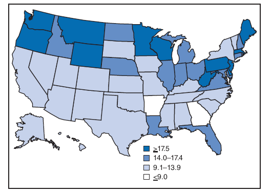 Malignant mesothelioma death rate per 1 million population,* by state --- United States, 1999--2005