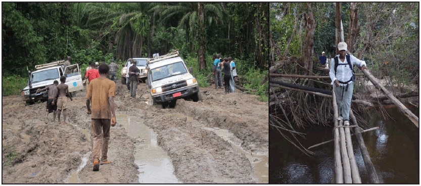 The figure above is two photographs. The one on the left shows Ebola team stuck in mud on an impassable road on the way to John Logan Town. The one on the right shows a team member making a difficult crossing over a river on the way to Bomota.