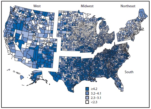 The figure above is a map of the United States showing percentages of persons aged ≥18 years with severe vision loss, by county, in the United States during 2009-2013.