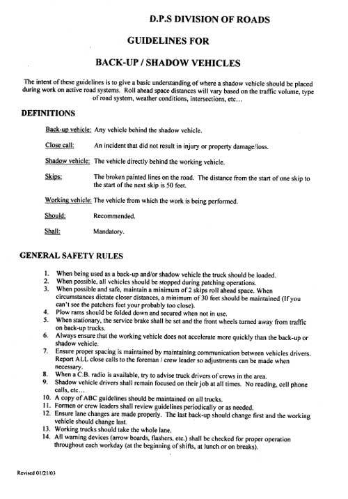 D.P.S Division of Roads Guidelines for Backup / Shadow vehicles