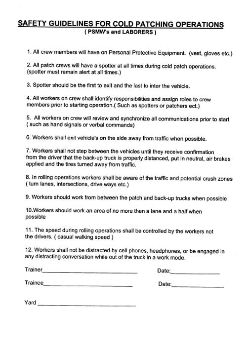 Safety guidelines for cold patching operations (PSMW's and Laborers)