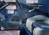 Photo 4 – View of cab area of a new identical forklift, showing position of the joystick which controls the boom.