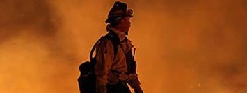 Un bombero en medio de un incendio forestal