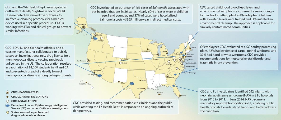 U.S. map showing where CDC has invested outbreaks.