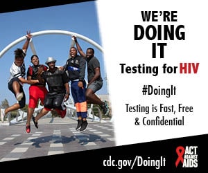 A group of five African American young men jumping in the air with excited expressions. We're doing it. Testing for HIV. #DoingIt Testing is free & confidential. cdc.gov/DoingIt HHS, CDC, Act Against AIDS
