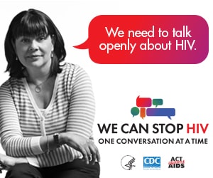CDC One Conversation at a Time Campaign web banner. Image of a middle aged Latina and a speech bubble with a message about the importance of having HIV conversations