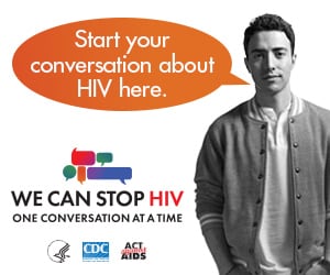CDC One Conversation at a Time Campaign web banner. Image of a young  Latino and a speech bubble with a message about the importance of having HIV conversations