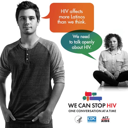 CDC One Conversation at a Time Campaign web banner. Image of two young Latinos, a boy and a girl, and two speech bubbles with a message about the importance of having HIV conversations.