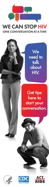 CDC One Conversation at a Time Campaign web banner. Image of a middle aged Latina and a young man with two speech bubbles with messages about the importance of having HIV conversations.